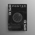 Retro cyberpunk poster with wireframe 3D sphere. Black and white retrofuturistic poster design with HUD cyber elements