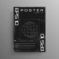 Retro cyberpunk poster with wireframe liquid distorted planet. Black and white retrofuturistic poster design with HUD