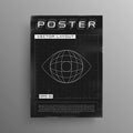 Retro cyberpunk poster with wireframe planet inside eye shape. Black and white retrofuturistic poster design with trendy