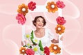 Retro 3d magazine collage of dreamy lady tacking photo holding flower frame isolated pastel color background