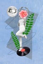 Retro 3d magazine collage image of carefree lady flower head enjoying vintage party isolated colorful background