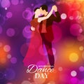Retro dance day or dancing party vector illustration. Cartoon dancers couple man and woman on blur shining lights Royalty Free Stock Photo