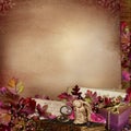Retro decoration with leaves and flowers on vintage background