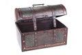 Retro decorative treasure box from wood. Trunk chest on white background.