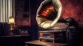 Retro-design gramophone from the 1960s in a grunge room. Music blaster