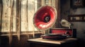 Retro-design gramophone from the 1960s in a grunge room. Music blaster