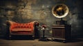 Retro-design gramophone from the 1960s in a grunge room. Music blaster