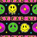 Retro design of Peace, Love and Music with peace symbol, vinyl disc and smiling face. Hippie groovy 60s style seamless Royalty Free Stock Photo