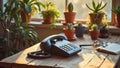 Retro desk telephone amid indoor plants and sunlit workspace with open book Royalty Free Stock Photo