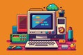 A retro desktop computer sitting on top of a desk, Retro computer Customizable Semi Flat Illustration Royalty Free Stock Photo