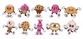 Retro dessert character. Cute cartoon mascot sweets, smile walking sweet food, funny face ice cream, vintage cupcake