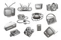 Retro devices in mixed style, flat cartoon comics.