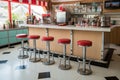 retro diner counter with stools and milkshakes