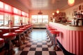 retro diner interior with checkerboard floor and soda counter Royalty Free Stock Photo