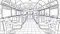 Retro Diner Interior Black and White Line Art - Vintage Restaurant Booths and Tables Royalty Free Stock Photo