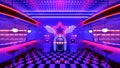 Retro diner interior with tile floor, jukebox, neon illumination, vintage arcade machine and bar stools. 3d illustration Royalty Free Stock Photo