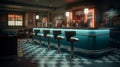 Retro diner interior with a tile floor, neon illumination, jukebox and art deco style bar stools Royalty Free Stock Photo