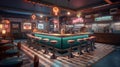 Retro diner interior with a tile floor, neon illumination, jukebox and art deco style bar stools Royalty Free Stock Photo