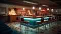 Retro diner interior with a tile floor, neon illumination, jukebox and art deco style bar stools Royalty Free Stock Photo