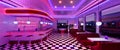 Retro diner interior with tile floor, neon illumination, vintage arcade machine and bar stools. 3d illustration