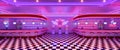 Retro diner interior with tile floor, neon illumination, vintage arcade machine and bar stools. 3d illustration