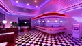 Retro diner interior with tile floor, neon illumination, vintage arcade machine and bar stools. 3d illustration Royalty Free Stock Photo