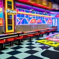 1034 Retro Diner: A retro and vintage-inspired background featuring a retro diner with checkerboard floor, neon signs, and retro