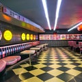 1034 Retro Diner: A retro and vintage-inspired background featuring a retro diner with checkerboard floor, neon signs, and retro