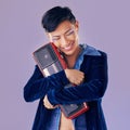 Retro, disco and boom box with asian man and punk makeup for music, creative and festival event. Art, dj and techno with