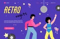 Retro disco dance party web banner with people dancing, flat vector illustration. Royalty Free Stock Photo