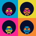 Retro Disco dance poster 70s. Vector bright color portrait man with retro sunglasses