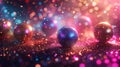 Retro Disco Fever: Glittering disco balls and colorful strobe lights creating a disco fever atmosphere.