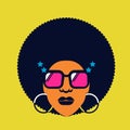 Retro Disco woman 70s hairstyle. Vector color silhouette portrait woman with retro sunglasses