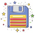 Retro diskette illustration, icon. Old fashioned data storage, vintage computing symbol with stars Royalty Free Stock Photo