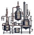 Retro distiller scheme engraving. Whisky making alcohol alembic vintage etching, gin distillation process equipment