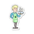 retro distressed sticker of a cartoon barista serving coffee