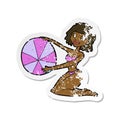 retro distressed sticker of a cartoon bikini girl with beach ball Royalty Free Stock Photo