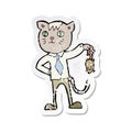 retro distressed sticker of a cartoon business cat with dead mouse Royalty Free Stock Photo