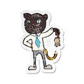 retro distressed sticker of a cartoon business cat with dead mouse Royalty Free Stock Photo