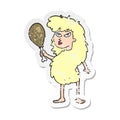 retro distressed sticker of a cartoon cavewoman with meat