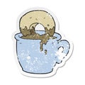 retro distressed sticker of a cartoon donut dunked in coffee Royalty Free Stock Photo