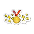 retro distressed sticker of a cartoon first place medal Royalty Free Stock Photo