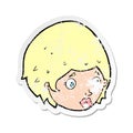 retro distressed sticker of a cartoon girl with concerned expression