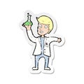 retro distressed sticker of a cartoon happy scientist