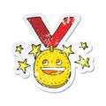 retro distressed sticker of a cartoon happy sports medal