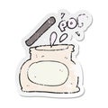 retro distressed sticker of a cartoon popping jar