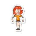 retro distressed sticker of a cartoon pretty girl with shocked expression