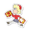 retro distressed sticker of a cartoon running woman with presents Royalty Free Stock Photo