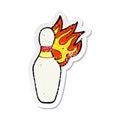 retro distressed sticker of a cartoon ten pin bowling skittle on fire Royalty Free Stock Photo