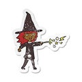 retro distressed sticker of a cartoon witch girl casting spell Royalty Free Stock Photo